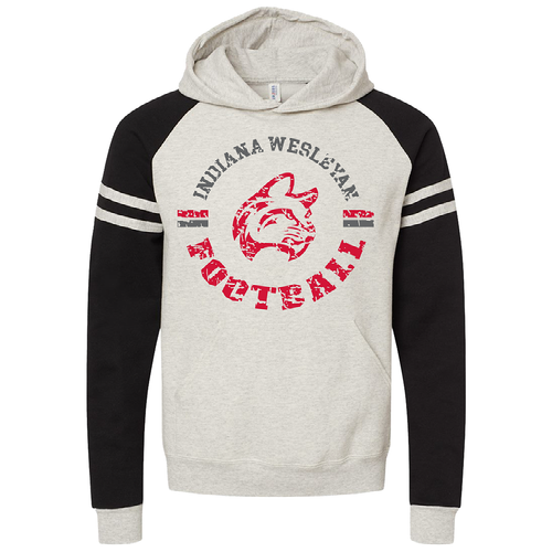 IWU Football Circle Distressed Varsity Hoodie Oatmeal Black